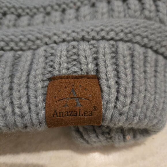 Anazlea Gray Knit Beanie Hat Pom Pom Faux Fur Lining Warm Stylish Winter Ski - Picture 3 of 4